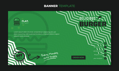 Banner template in green background with simple pattern and flat burger design