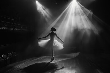 A ballerina in a white tutu is dancing on a stage. She is surrounded by spotlights. The image is in black and white.