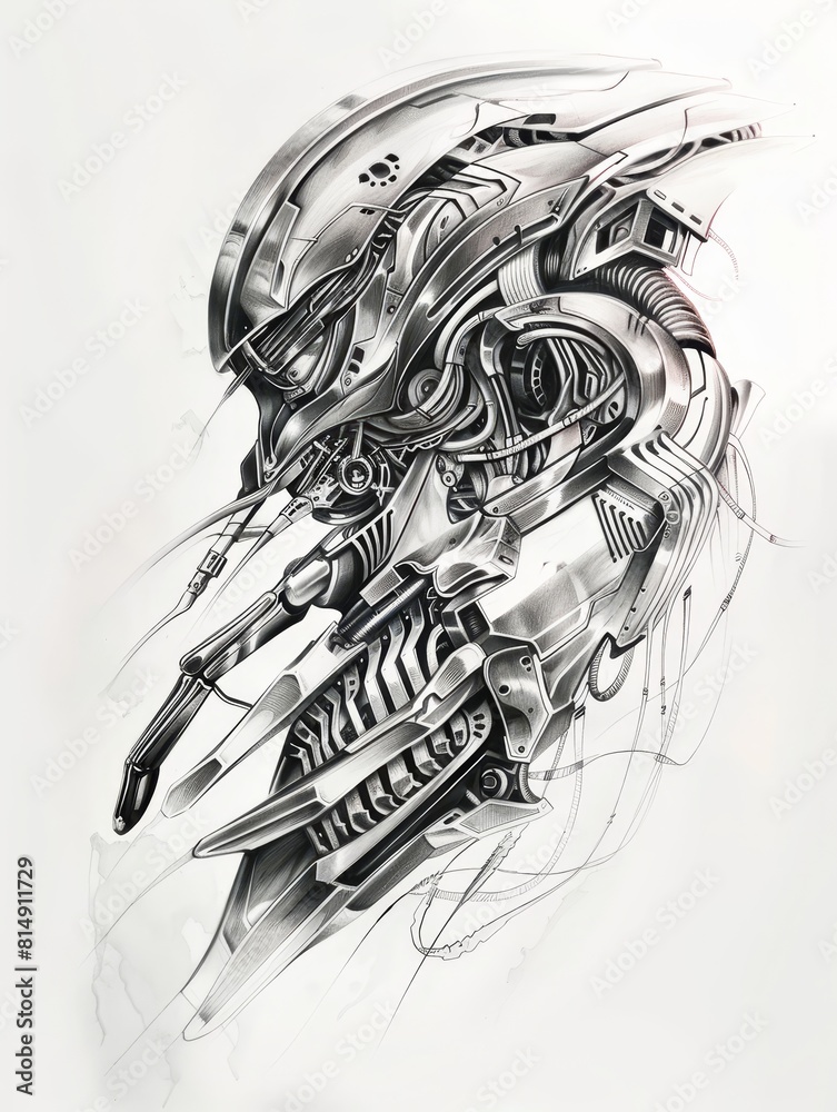 Wall mural Intricate Biomechanical Tattoo Inspired Digital on White Background