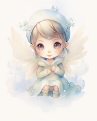 A cute watercolor painting of a winter fairy with big eyes and a warm smile