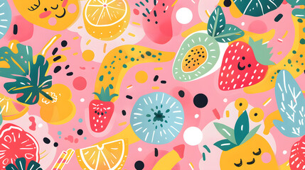 Summer Wallpaper Design Illustration - Fruits Cute Theme with Leaves Decoration