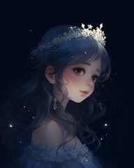 A beautiful girl with long, flowing hair and a gentle smile. She is wearing a white dress and a tiara, and there are stars twinkling in the background.