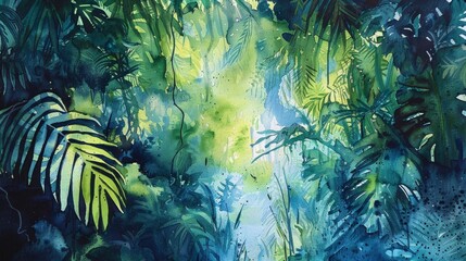Fototapeta na wymiar A bold and expressive splash of watercolor using rich greens and blues, capturing the energy and mystery of a jungle scene