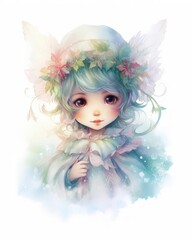 A beautiful watercolor painting of a fairy with green hair and big brown eyes