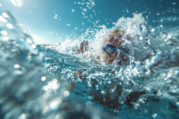 Summer Triathlon Excitement: Athletes Swimming with Lakeshore Spectators Cheering