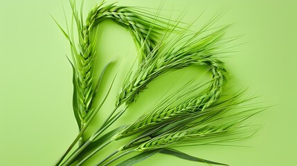 Fototapeta premium Green Wheat Woven into Love Shape on Solid Colored Background with High-Definition Photography