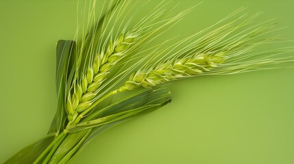 Fototapeta premium Green wheat ears woven into a love shape on vibrant background