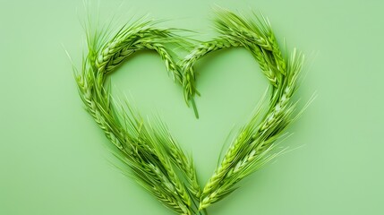 Fototapeta premium Green Wheat Woven into Heart-Shaped Organic Symbol on Solid Background