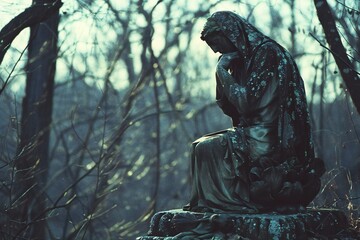 Illustration of  statue is sitting in the forest, high quality, high resolution