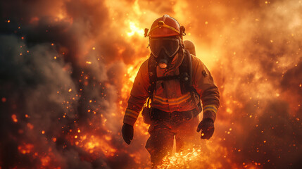 A dramatic photograph capturing the intensity of a firefighter battling a raging inferno, surrounded by billowing smoke and flames, as they work tirelessly to protect lives and pro