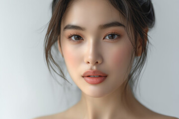 Naklejka premium A woman with natural makeup and soft, flowing hair on white backdrop