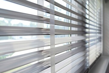 Wooden blinds on large windows, sunlight. Elegant living room interior with houseplants, wood blinds. Motorized jalousie in the smart house. Modern window shutters, roller. Duo system day and night.