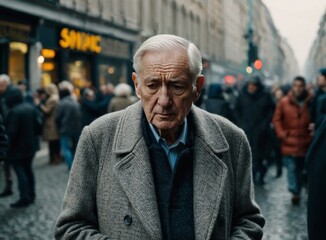 Elderly man standing in a busy street