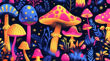 Stylized mushrooms in vibrant colors displayed in a repeating pattern against a black background
