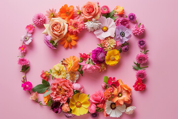 Number made from flowers on pink background.