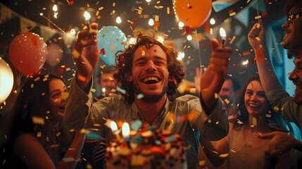 A group of friends celebrate a birthday with a cake, candles, and confetti