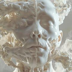 Humen face coming out of textured wall, All white.