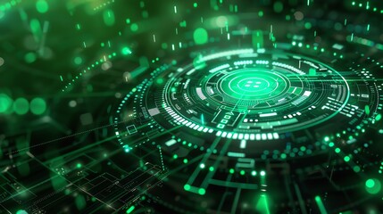 Futuristic Loading Interface. 3D Illustration Of Futuristic Circuit Board With Glowing Green Lights And Particles. Technology And Engineering Concept.