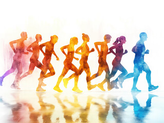 Fototapeta premium Illustration of people running working out in colourful spectrum with white background