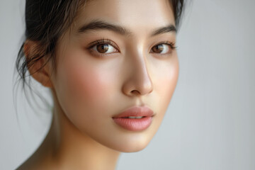 Naklejka premium Asian woman with radiant skin and brown eyes, looking directly at the camera