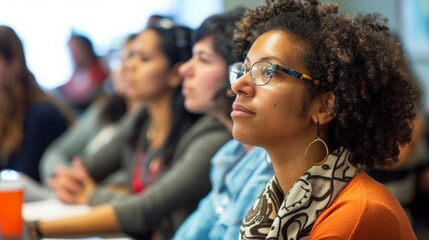 A diverse group of students of different ages sitting in desks in a classroom, listening to a teachers lecture.