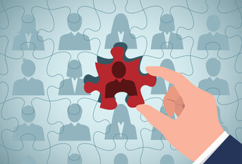 Selecting person and building team. Business people relationship,HR, promotion concept. Connecting last jigsaw puzzle piece.