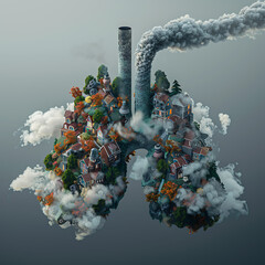 A city skyline with a large lung-like structure in the middle. 