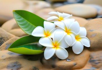 Fototapeta na wymiar A white frangipani flower placed on a rock at the beach, with the ocean