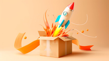 Rocket Launching from Box Representing Fast Package Delivery Concept