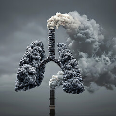 A city skyline with a large lung-like structure in the middle. 