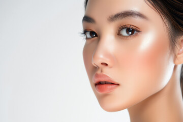 Naklejka premium Asian girl with glowing skin and natural makeup, looking intensely at the camera
