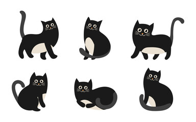 Set of cute cat cartoon characters illustration in various poses, kitten flat vector style on white background