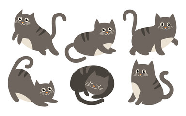 Set of cute cat cartoon characters illustration in various poses, kitten flat vector style on white background
