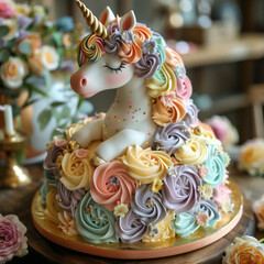 A beautiful unicorn cake with rainbow colors, flowers  on it. 