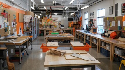 A room packed with various woodworking tools and equipment, including saws, drills, chisels, and workbenches.