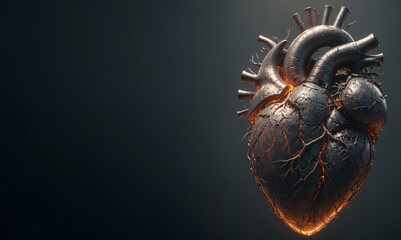A steel heart glowing on a dark background, Generative AI