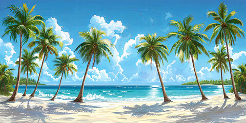 Naklejka premium A beautiful beach scene with palm trees and a blue ocean