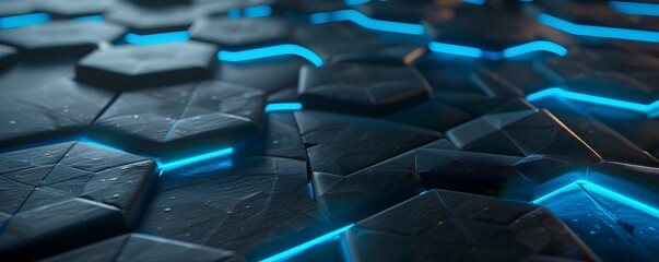Obraz premium 3d render of dark grey hexagons with blue neon lights on the edges, low perspective, octane rendering, metallic texture, high resolution photography 