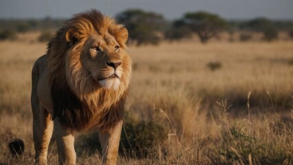 lion in the savannah,The image captures a close-up of a majestic lion's face, proudly gazing across...