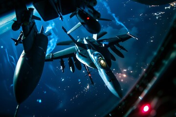 Dramatic Nocturnal Aerial Refueling of a Fighter Jet Above Glittering City Lights
