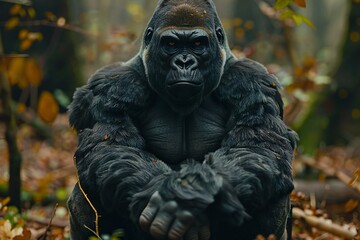 Portrait of a gorilla in the forest on a background of leaves