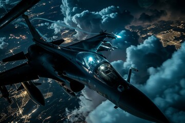 Dramatic Nocturnal Aerial Refueling of a Fighter Jet Above Glittering City Lights