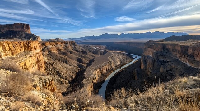 Expansive Panorama of the Rio Grande River Winding Through Steep Desert Canyons