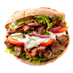 Döner Kebab Doner Kebap fast food in flatbread with white mild sauce . Clipart PNG image . Transparent background