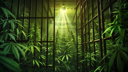 Inside a prison, marijuana plants are visible growing as a beam of light shines through the cell bars