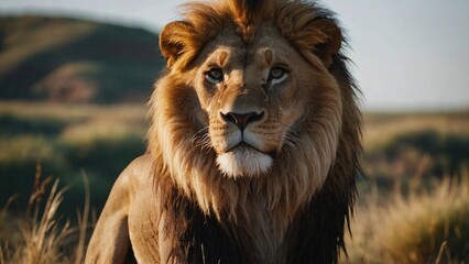 male lion in the wild’The image captures a close-up of a majestic lion's face, proudly gazing across the savanna. The lion's intense eyes and regal expression exude power and nobility, with its mane 