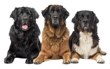 Fototapeta premium Three Bernese Mountain Dogs sitting together isolated on transparent background png