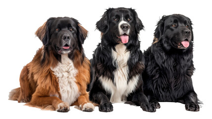 Three Bernese Mountain Dogs sitting together isolated on transparent background png