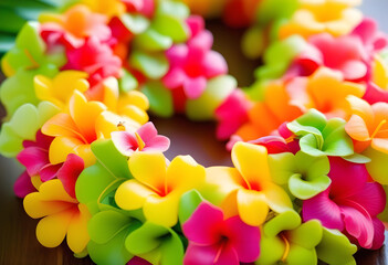  colorful flowers chain against a wooden background