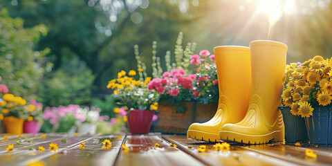 yellow rubber boots, flowers in flowers pots on wooden terrace